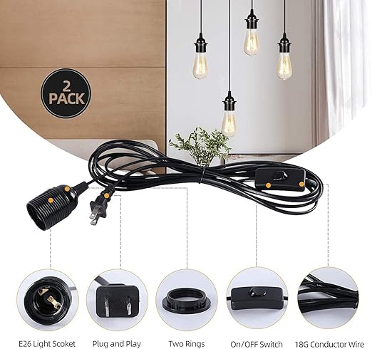 2-Pack HUIBONA Plug-in Pendant Light, 15FT Vintage Hanging Lantern Cord E26/E27 Socket, Black Kit With In-Line On/Off Switch and Lampshade Ring