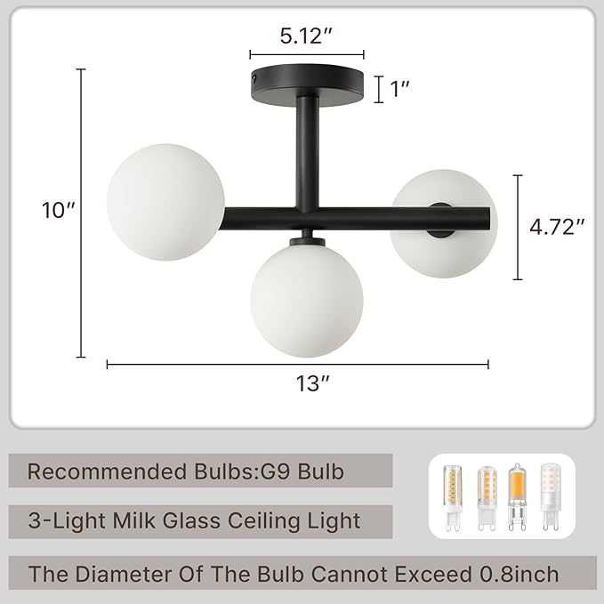 Globe Milk Glass Ceiling Light: Black 3 Lights Sputnik Chandelier - Linear Mid Century Modern Semi Flush Mount Ceiling Light - 13 Inch Brass Lighting Fixture with Sphere Shade for Bedroom Living Room