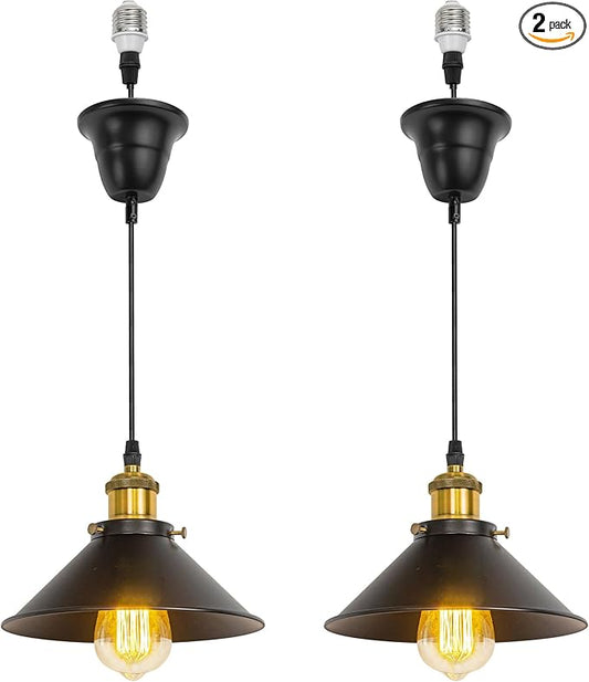 2 Pcs Ceiling Lights Conversion Pendant Light E26 Base Connections Adjusted Wire Length Cone Metal Lampshade Vintage Design Conversion Kit for E26 Ceiling Lamp Fixtures