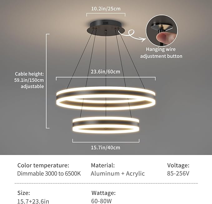 LED Modern Pendant Chandelier, 2 Ring Circular Black Ceiling Pendant Light Fixture, Dimmable 3000K-6500K, Adjustable Flush Mount Hanging Lights for Dining Room, Kitchen Island, Living Room, Office