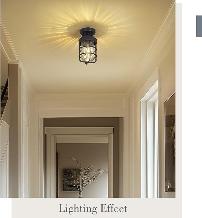 Emliviar Oil Rubbed Bronze Finish Light Fixture Ceiling Mount, Retro 11.1" Semi Flush Lighting with Water Ripple Glass Shade, GE255LF ORB-WG