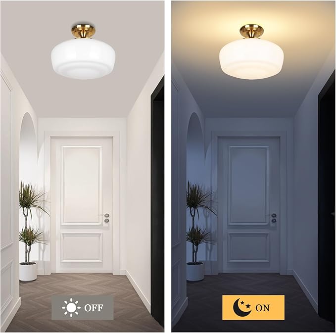 Large Schoolhouse Style Semi Flush Mount Ceiling Light Fixture, 14" Modern Gold Hallway Ceiling Lamp with Opal Milk Glass Shade Brass, Farmhouse Globe Light for Bedroom Kitchen Hallway Entryway