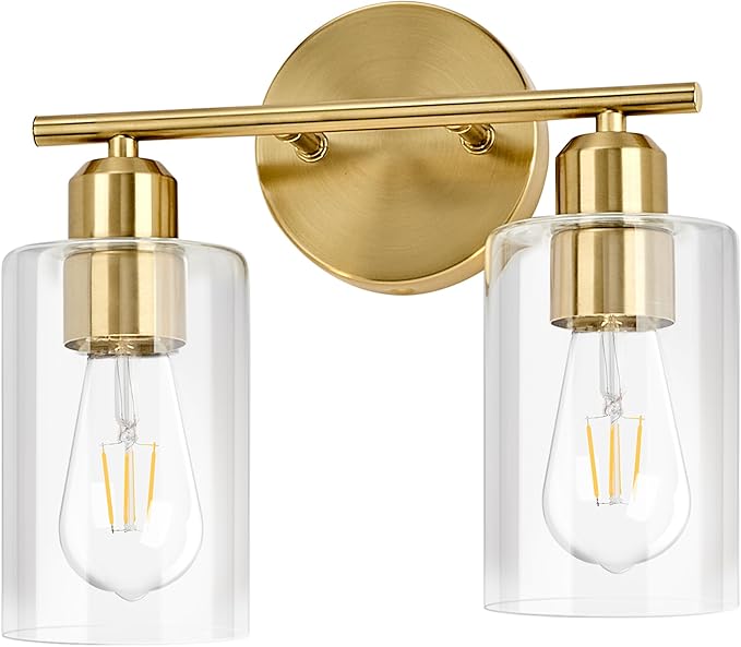 3-Light Bathroom Light Fixtures, Gold Bathroom Vanity Lights, Bathroom Lighting Fixtures Over Mirror with Clear Glass Shade, Wall Sconce Light for Bedroom, Living Room and Hallway