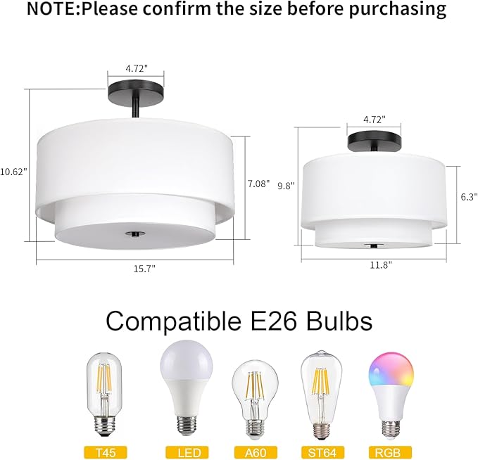 FRIDEKO HOME 3-Light Semi Flush Mount Ceiling Light,15.7 inch Ceiling Light Fixture with White 2-Layer Fabric Shade Drum Lights for Bedroom Living Room Kitchen Foyer Hallway