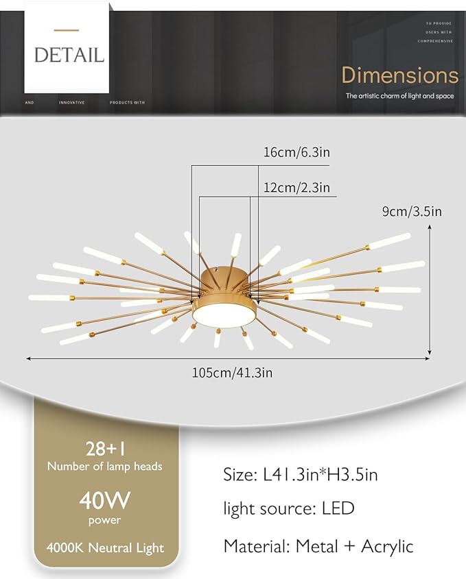 42 Inch Led Flower Ceiling Light Fixture 28+1 Light Modern Gold Sputnik Flush Mount Ceiling Lamps for Dining Room Metal Firework Chandelier for Kitchen Bedroom Hallway Living Room Ceiling Light