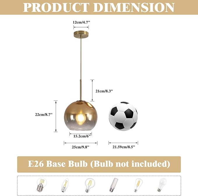 KCO Lighting 1-Light Modern Glass Pendant Lights Large Gold Globe Pendant Light Mid Century Single Pendant Light Kitchen Island Dining Room Lighting Fixtures Ceiling Hanging