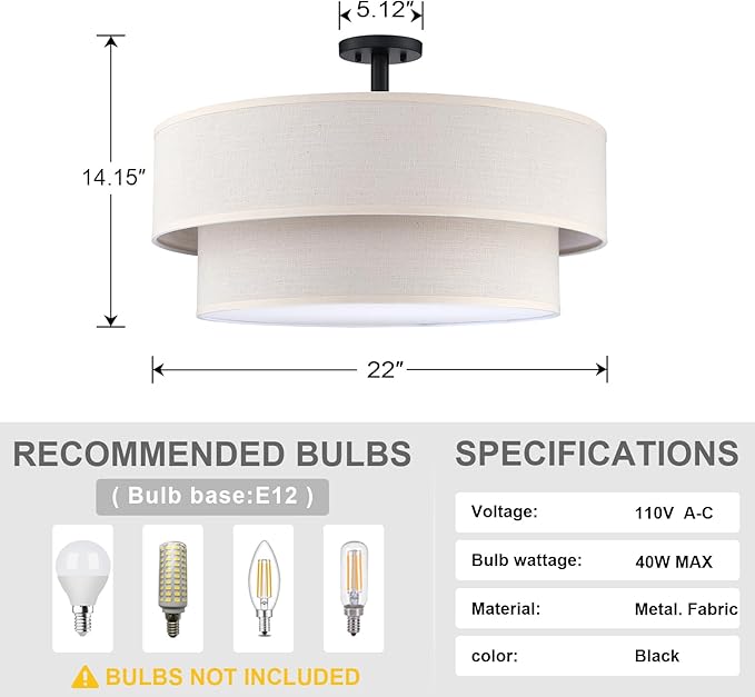 5 Light Semi Flush Mount Close to Ceiling Light Fixture,Cream Linen Fabric Shade Black Finish 22 inch for Bedroom,Living Room,Dining Room Hallway