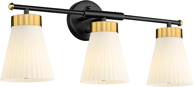 Bathroom Vanity Light, HWH 3-Light Wall Light Fixture for Bathroom Bedroom, Black and Gold Vanity Lights with Frosted Milk White Striped Glass, 5HZG97B-3W BK+BG