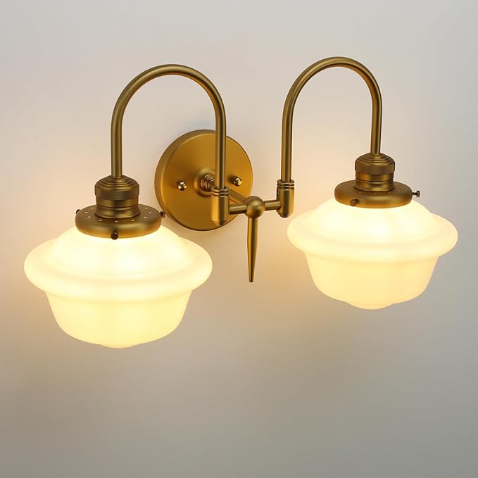 Pathson Vintage Milk White Wall Sconces, 2-Lights Hardwired Glass Bathroom Vanity Light Double Metal Curved Arms, Wall Painting Sconce Lamps Decor for Mirror, Living Room, Loft, Stairwell, Foyer