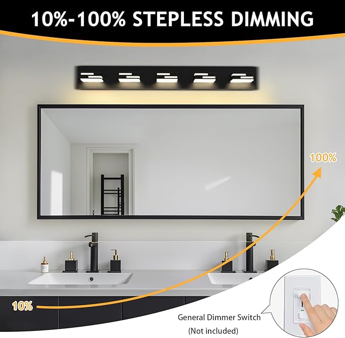 LED Modern Bathroom Vanity Light Fixtures 5-Light 34-inch 5CCT Dimmable Matte Black Vanity Lights for Bathroom Lighting Fixtures Over Mirror, with 360° Rotatable Acrylic Heads