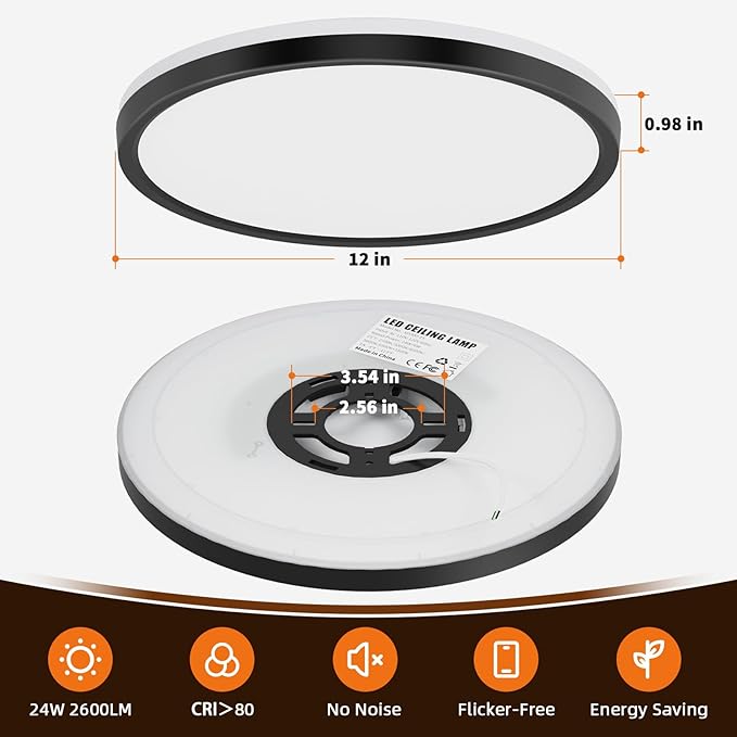 12 Inch LED Flush Mount Ceiling Light with Night Light, 24W 2600LM, 5CCT - 2700K/3000K/4000K/5000K/6500K & Dimmable, Round Ceiling Light for Bedroom, Kitchen, Hallway