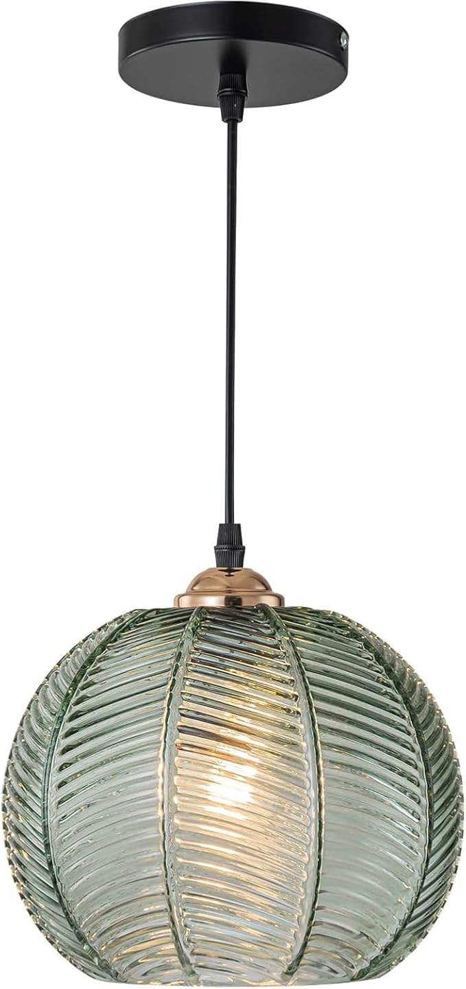 Green Glass Pendant Light Fixture Black Mid Century Modern Pendant Lighting Chandelier 1-Light Globe Ceiling Hanging Light for Bedroom Living Dinning Room Kitchen Island