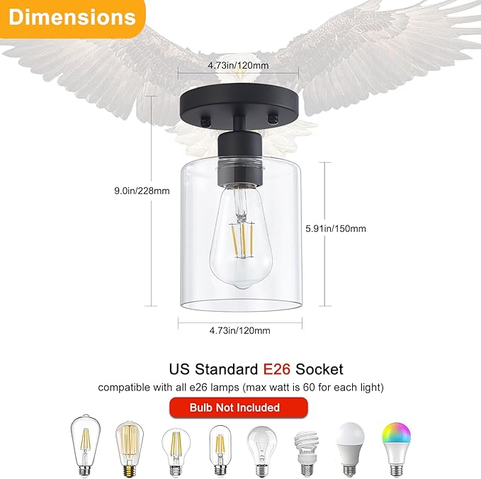 YYT Small Kitchen Ceiling Lights Black Hallway Light Fixtures Hallway Light Fixtures Ceiling Black 1-Light Semi Flush Mount Ceiling Light Single Light Fixture with Clear Glass Shade Pack of 3
