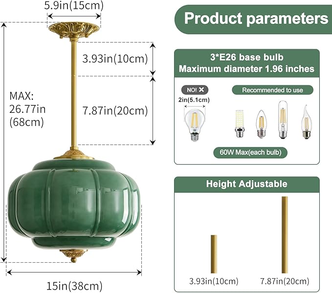 Milk Glass Pendant Light 15 Inch Semi Flush Mount Ceiling Light Fixture Adjustable Height Mid Century Brass Vintage Ceiling Light for Kitchen Hallway Dining Room Bedroom Schoolhouse(Green)