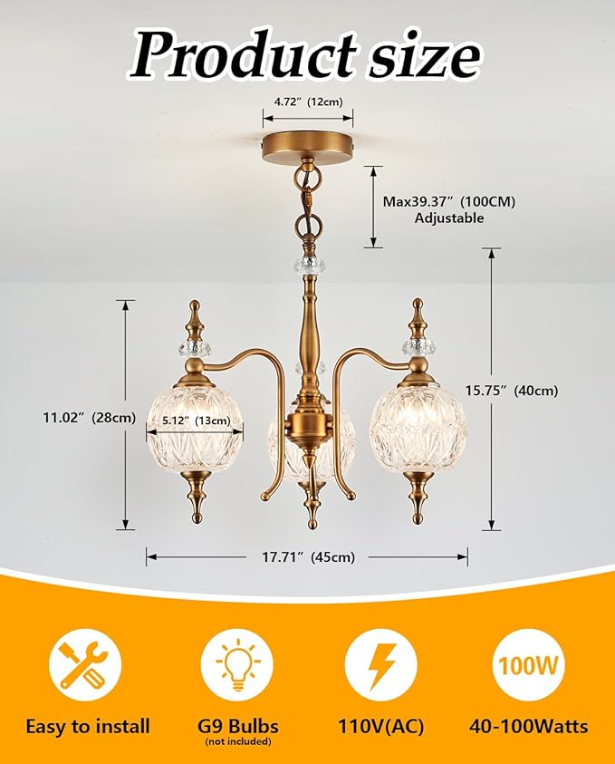 Vintage Pendant Light Fixtures, 3-Light Chandeliers for Kitchen Antique Gold Glass Pendant Lighting Matte Brushed Brass Finish with Crystal Glass Shade for Farmhouse Hotel Kitchen Island