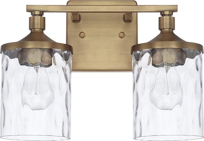 HomePlace Lighting 128821AD-451 Colton Mid-Century Clear Water Glass Bathroom Vanity Wall Light, 2-Light 200 Total Watts, 10" H x 13" W, Aged Brass