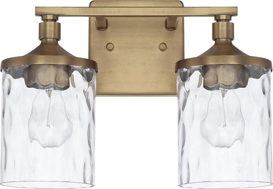 HomePlace Lighting 128821AD-451 Colton Mid-Century Clear Water Glass Bathroom Vanity Wall Light, 2-Light 200 Total Watts, 10" H x 13" W, Aged Brass