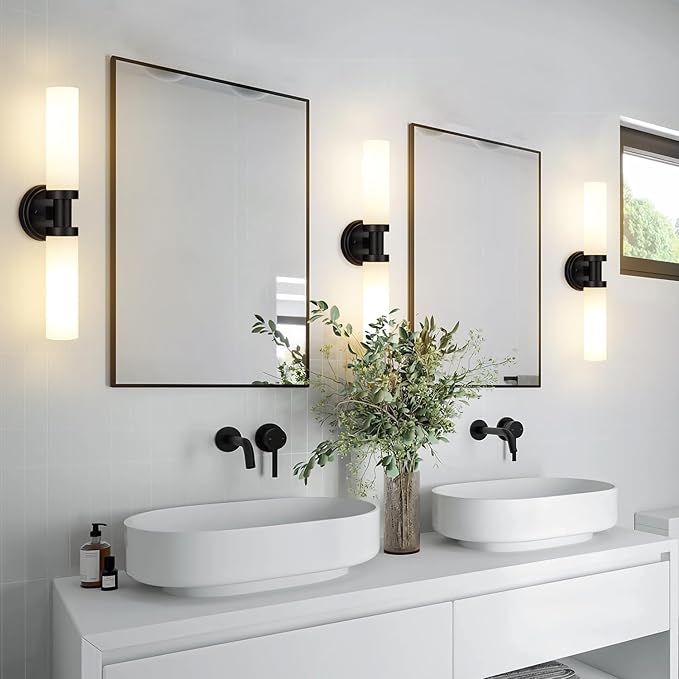 SANTOSTOCK Black Bathroom Light Fixtures, 2-Light Wall Sconces Lighting W/White Glass Shade, Modern Vanity Lights for Mirror, Wall Mounted Lamp, E26 T10 Bulbs(Excluded)
