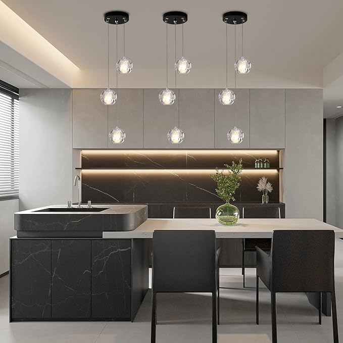 3 Lights Pendant Light Fixture, Black Cluster Pendant Lights Kitchen Island, Bubble Crystal Pendant Lighting Modern Hanging Light for Dining Room
