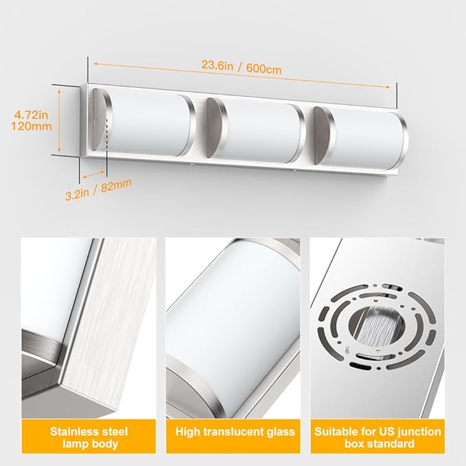 Sytmhoe Bathroom Vanity Light Over Mirror 24 Inch, Brushed Nickel Wall Mirror Light Fixture with Clear Glass Shades, LED Vanity Lighting for Bathroom, Bedroom, Makeup Room (3000K Warm White)