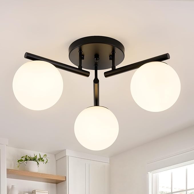 3 Light Modern Sputnik Semi Flush Mount Ceiling Light, Black Sputnik Ceiling Light Fixture, 21.65 '' Milky Glass Globe Mid Century Modern Ceiling Lights for Bedroom Hallway Living Room