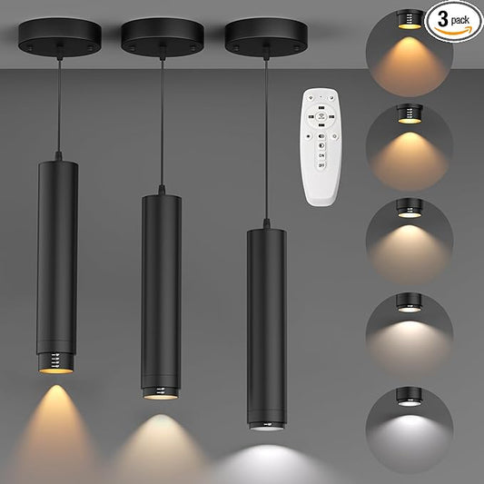 Remote Control LED Pendant Lights with Adjustable Cord, Dimmable Hanging Pendant Lighting Fixtures for Kitchen Island Over Table, Zoomable 2700K-6000K, CRI97+ 10W 1000LM, Black (3 Pack)
