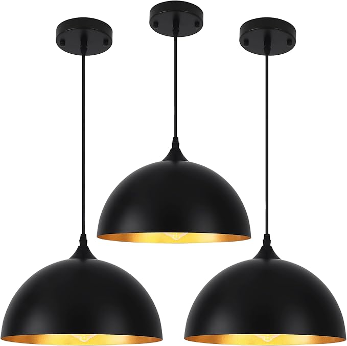 3 Pack Black Pendant Lights Kitchen Island 11.8" Modern Dome Pendant Light Fixtures Farmhouse Hanging Ceiling Light Fixture for Dining Room Foyer Hallway Bar Cafe Sink