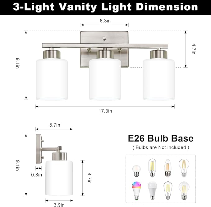 FonmYim Brushed Nickel Bathroom Light Fixtures, 3-Light Modern Vanity Light Over Mirror, Wall Sconces with Milky White Frosted Glass Shades, E26 Socket (Bulbs Not Included)