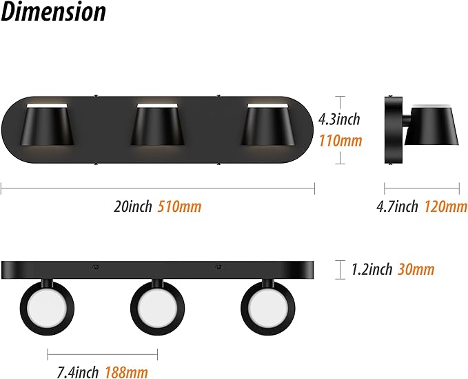 URSOLA 3 Light Bathroom Vanity Light, LED Black Vanity Light Fixtures, Up and Down Rotatable Dimmable, 20 inch Bathroom Lighting Fixtures Over Mirror