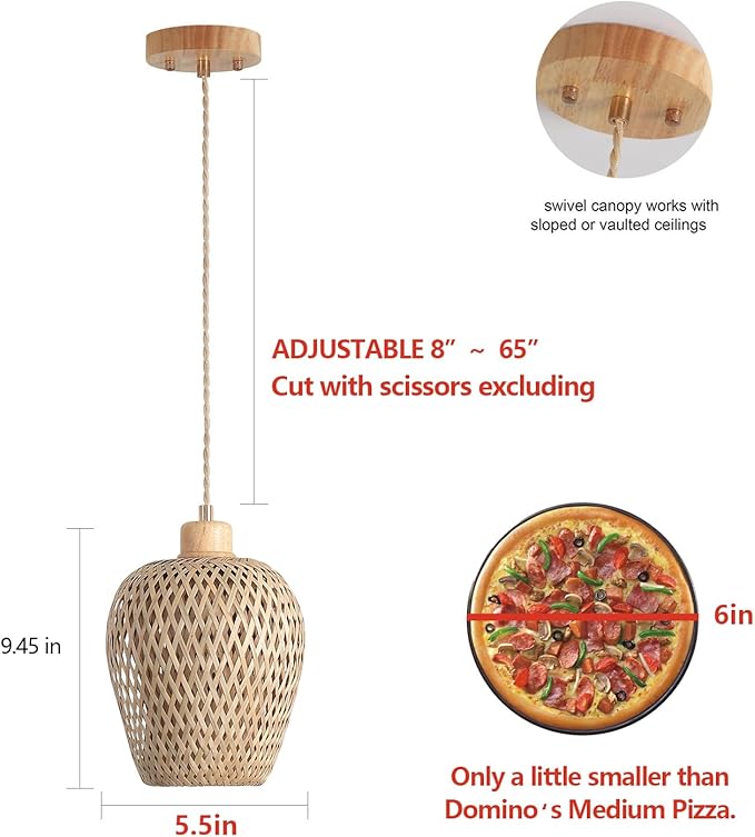 Bamboo Pendant Light Fixture One-Light Adjustable Boho Basket Handmade Woven Mini Pendant Lighting for Kitchen Island Sink Farmhouse Home