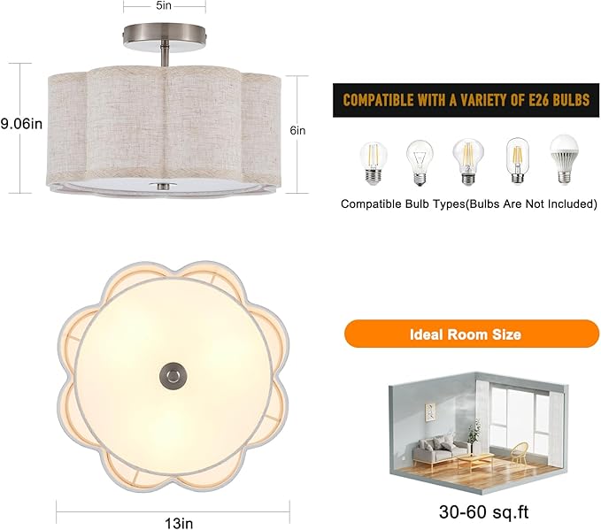 Semi Flush Mount Ceiling Light, Beige Linen Fabric Shade Ceiling Light, Chrome Modern Farmhouse Close to Ceiling Light for Bedroom, Hallway, Living Room, Dining Room, Laundry Room