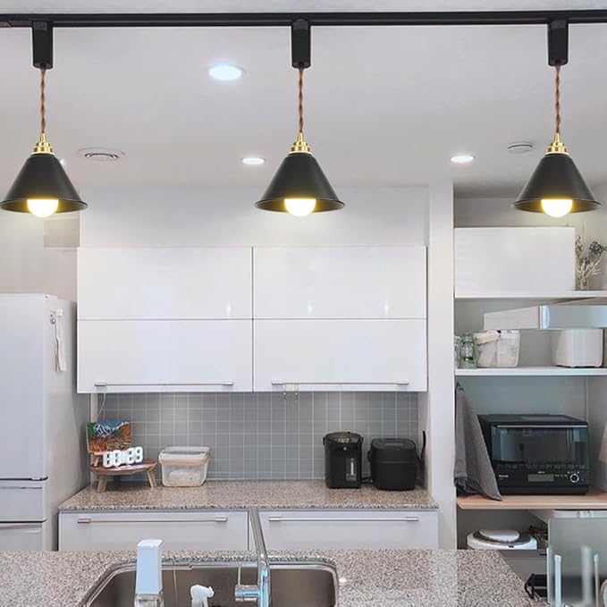 3.2 Ft Adjustable Cord H-Type Track Pendant Brass & Black Shade Hanging Light Vintage Design for Kitchen Office Stairs Set of 3(No Bulb, Track)