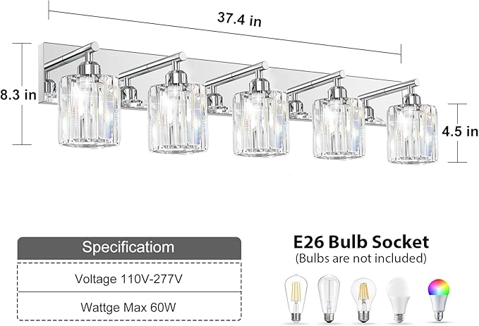 Brushed Chrome Crystal Bathroom Vanity Light, 5-Light Modern Bathroom Lighting Fixtures Over Mirror,Chrome Wall Sconce Light Fixtures with Round Shade