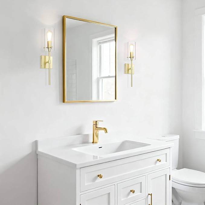 XiNBEi Lighting Brass Wall Sconce Set of 2, Modern Single Bathroom Sconces Wall Lighting Indoor Sconce Bathroom Lighting for Bedroom Vanity & Living Room