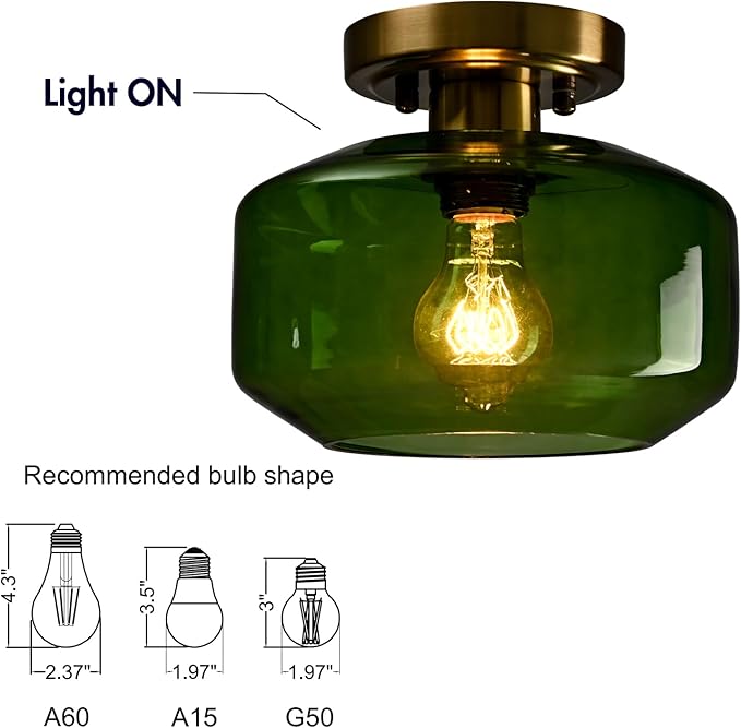 Vintage Semi Flush Mount Ceiling Light with Open Green Glass Shade Mid Century Modern Light Fixture for Living Room, Hallway, Bedroom