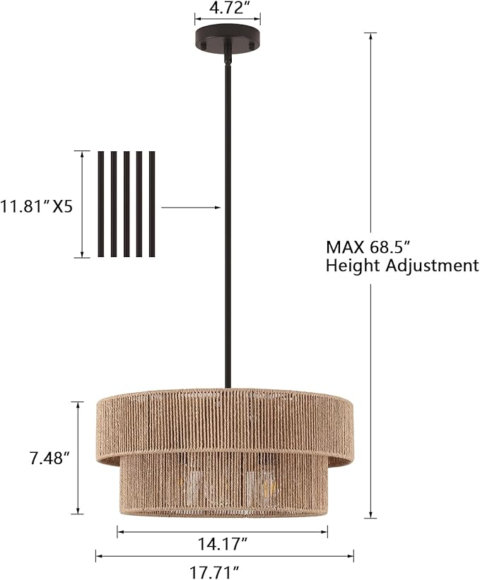 ZGKUYDBrown Boho Woven Rattan Chandelier, Adjustable Black Rod 2-Tier Drum Hanging Light, Brown Pendant Light for Dining Room/Kitchen Island