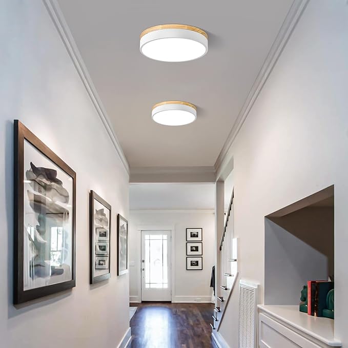 Dimmable Wood LED Ceiling Light Fixture, 5CCT 2700K-6000K Modern White Flush Mount Ceiling Lighting, Minimalist Round Ceiling Lamp for Bedroom, Kitchen, Laundry Room, Hallway, 11.81in