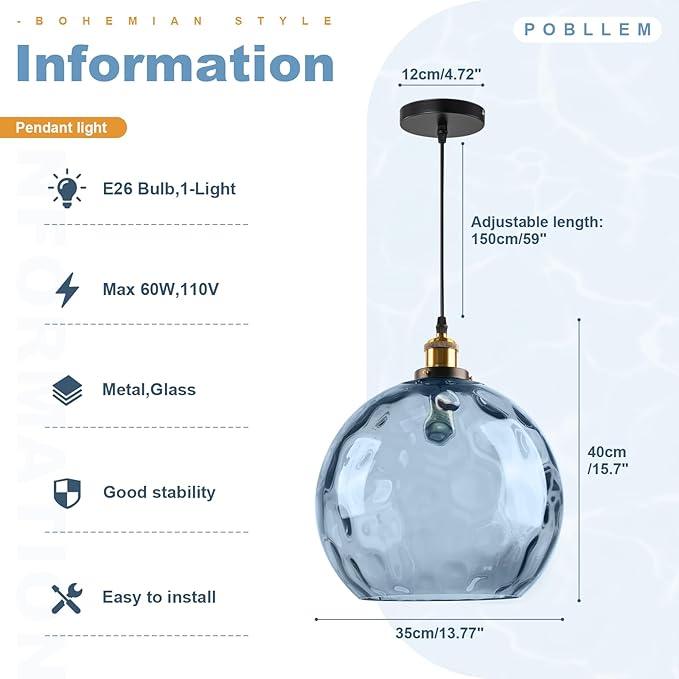 Blue Glass Pendant Lights Kitchen Island Pendant Lighting 13.8" Large Globe Pendant Light Hammered Glass Shade Adjusteble Hanging Light Fixtures for Bedroom Dining Room Living Room Hallway