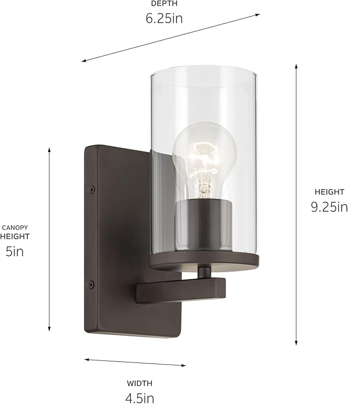 Kichler Crosby 4.5" 1-Light Wall Sconce Bathroom Vanity Light Fixture with Clear Glass in Olde Bronze for Bathroom, Powder Room, Hallway, Kitchen, Bedroom (4.5" x 9.25"), 45495OZCLR