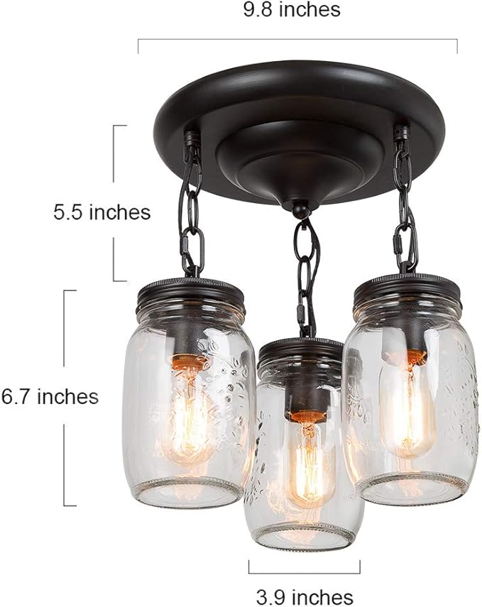Semi Flush Mount Ceiling Light, Farmhouse Mason Jar Lights for Kitchen, Dining Room & Hallway, Oil Rubbed Bronze（L11.8 × W11.8 ×H13）