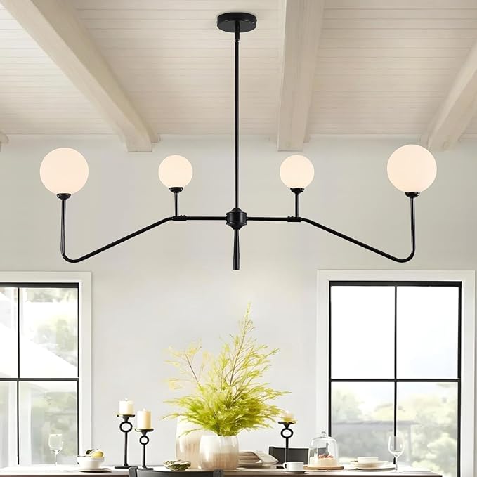 Black Linear Kitchen Light Fixture, 4-Light Globe Glass Pendant Light with Matte Black Metal Frame & Milk White Glass Shades, Adjustable Height Chandelier for Dining Room Kitchen Island