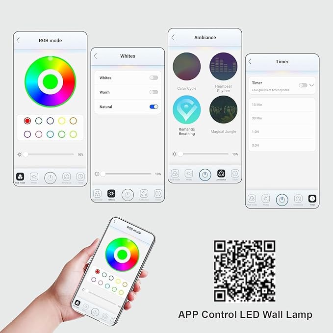 Lightess Smart LED Wall Sconces Set of 2, Dimmable Wall Mounted Lamp with RGB Mode & APP Control, 5000mAh Rechargeable Battery Operated Wall Light for Bedroom Reading Bedside, Black