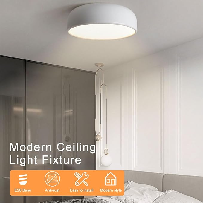 Modern White Flush Mount Ceiling Light Fixture, Minimalist 13.7 inch Metal Ceiling Lamp, Finish Close to Ceiling with Acrylic Lampshade Lighting Fixtures for Living Room Bedroom Hallway