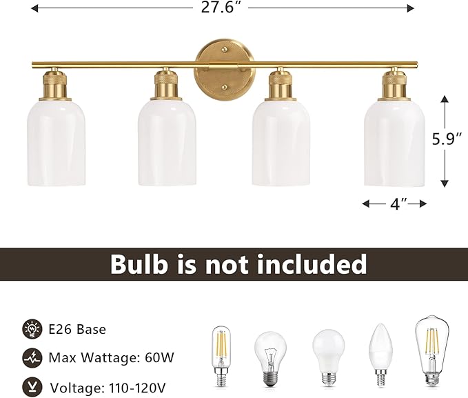 Vintage Gold 4-Light Vanity Light, Light Fixtures with White Glass Shade for Bathroom Mirror Kitchen Living Room Hallway Cabinet Porch