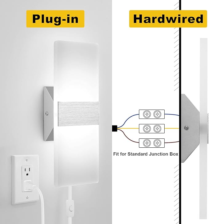 GOODATE Plug in Wall Sconces with Stepless Adjustable 3000K-6500K Colors and 10%-100% Brightness, Sconces Wall Lighting with Remote Control 12W Acrylic LED Wall Lamp with 6FT Plug in Cord, 2 Pack
