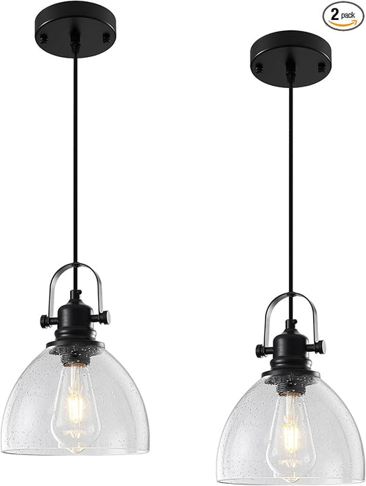 Black Pendant Lights Kitchen Island 2 Pack, 7.5" Seeded Glass Pendant Lights, Vintage Industrial Pendant Light Kitchen Island, Farmhouse Pendant Lighting for Kitchen, Dining Room, Bar, Cafe