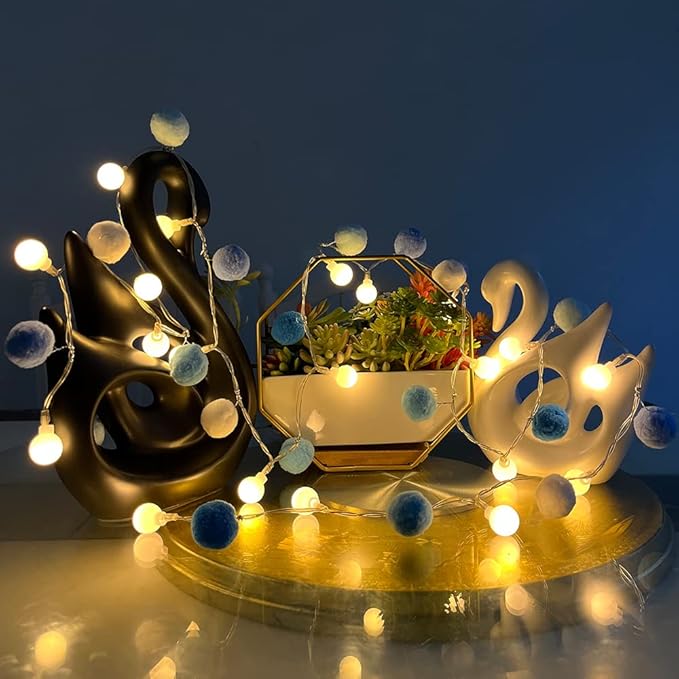ChiRee Indoor String Lights 6.56 Feet Pom Poms Fairy 20 LED Battery Operated Ball Warm White Globe Colorful Decor for Home Bedroom Kids Playhouse Holiday Christmas