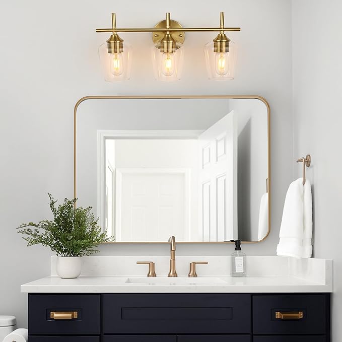 Bathroom Vanity Light Fixtures, 3-Lights Over Mirror Modern Vanity Lighting with Clear Wine Glass Shade Wall Lamp for Bedroom Hallway Living Room (Gold, 3-Light)