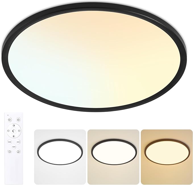 16 Inch Flush Mount Ceiling Light with Remote, 36W Dimmable LED Fixture 3600LM, 3000K-6500K Adjustable, Round Ceiling Lamp for Bedroom, Kitchen, Living Room, Dining Room, Bathroom, Black