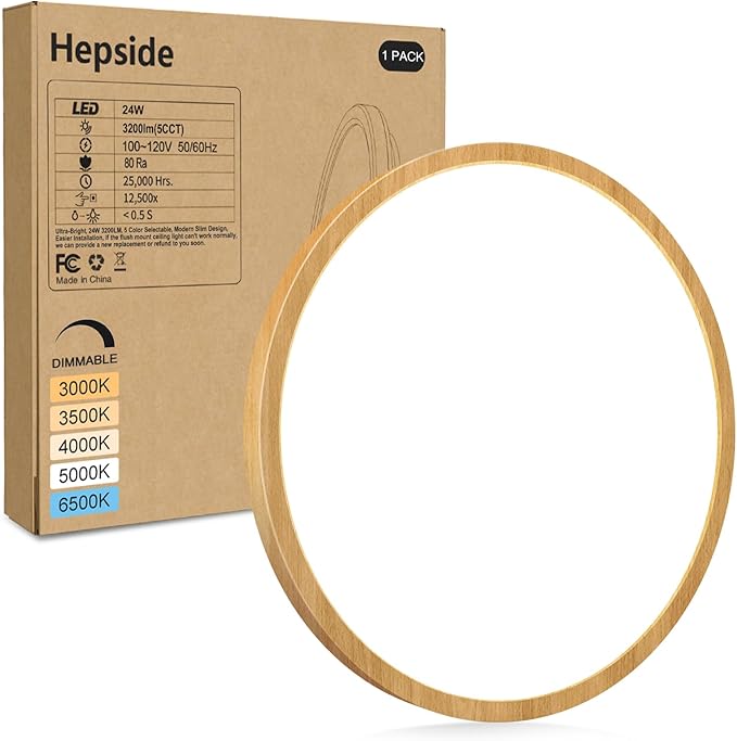 hepside 1Pack LED Flush Mount Ceiling Light Fixture, 12Inch 24W, Dimmable&3000K/3500K/4000K/5000K/6500K Adjustable Low Profile Ceiling Lights, Round Flat Ceiling Light for Closet,Kitchen,Hallway-Wood